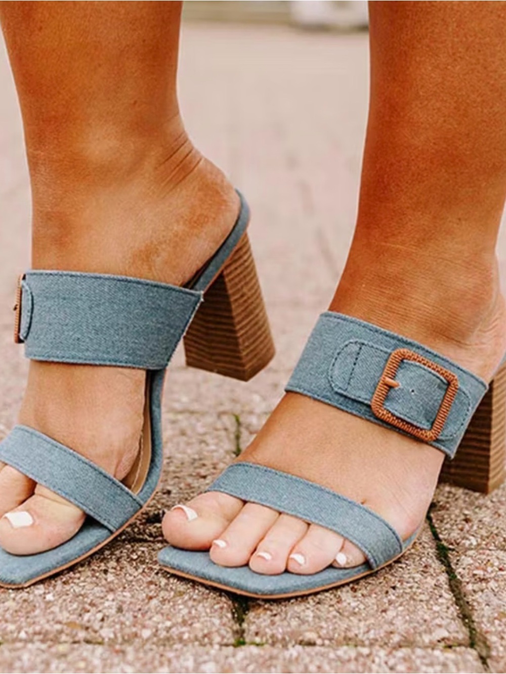 Never Worn- BAMBOO Light Denim Blue Double-Strap Block Heel Mule